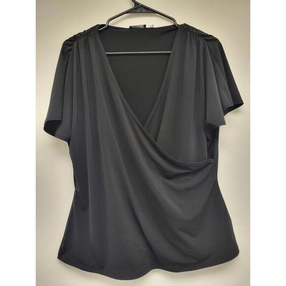 Tahari Shirt Womens Large Black Camilia Blouse V-Neck Ruched Wrap Knit M19MJ558 - Picture 1 of 10